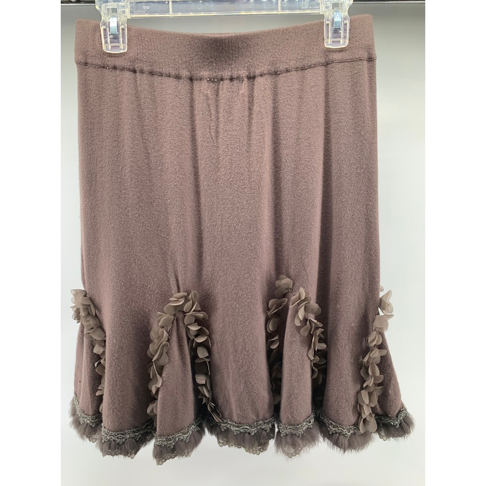 Preziosa Knit Skirt‎ Brown Ruffle Flower Trim Flounce Hem Cashmere Blend S M